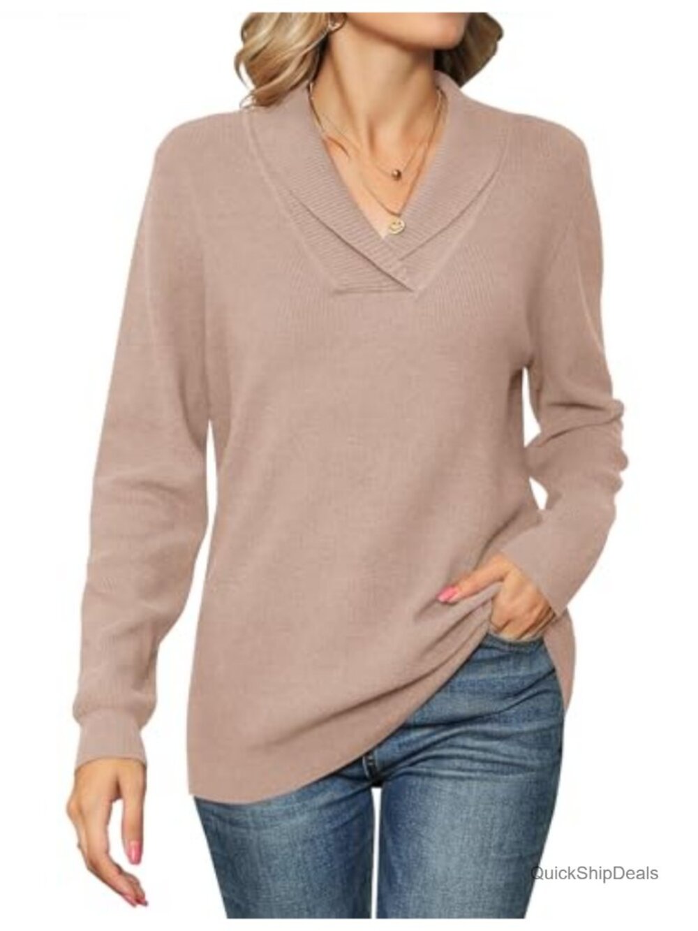 Women's V-Neck Pullover Sweater Long Sleeve Knit Casual Top